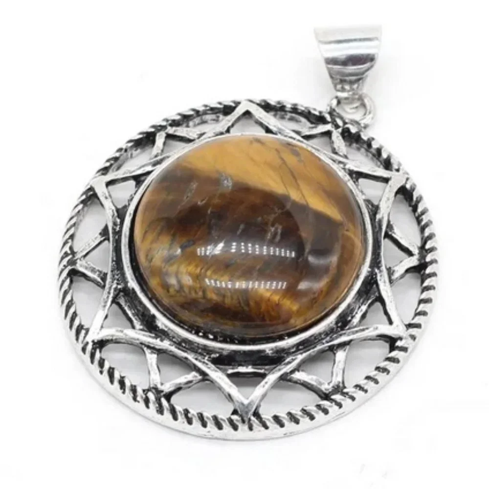 Tiger Eye Natural Stone Round Pendant Necklace Healing Gemstone Big Pendant